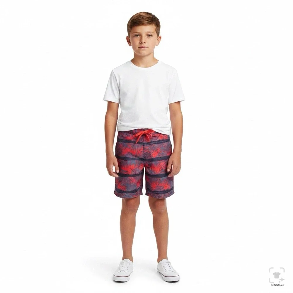 o'rageous Boys L 14-16 Red Navy Tropical Palm Leaf‎ Swim Trunks Board Shorts
